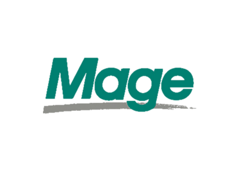 Green letters that spell Mage with a gray swoosh under them
